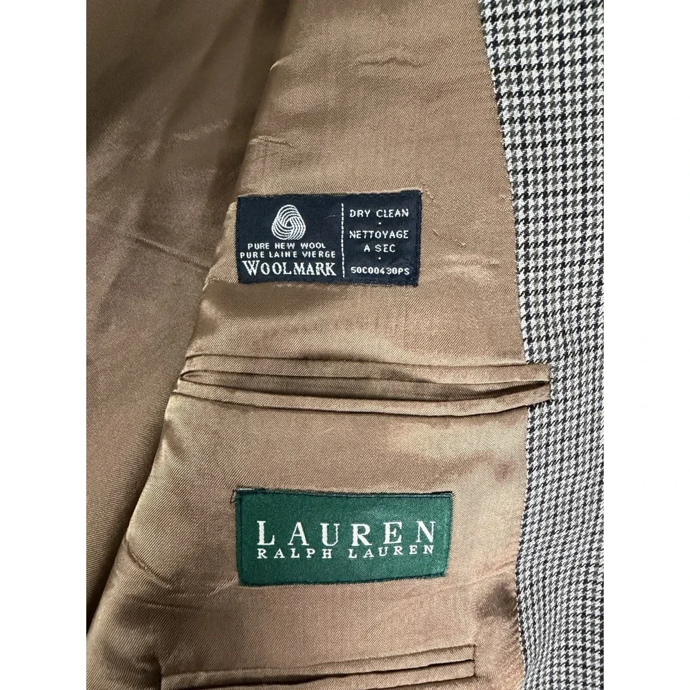 Lauren Ralph Lauren Mens Brown Houndstooth 100% Wool Sport Coat Blazer Size 44S